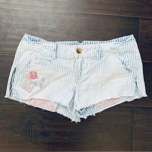 American Eagle AE White/Blue Striped w/Floral Patchwork Cut Off Jean Shorts | 2